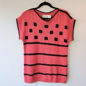 Vintage 90s Knit Silk Sweater Top Cap Sleeve Red Black Geometric Stripe Boatneck